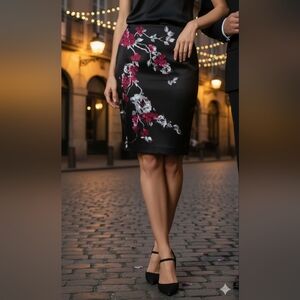 White House Black Market Black Floral Skirt